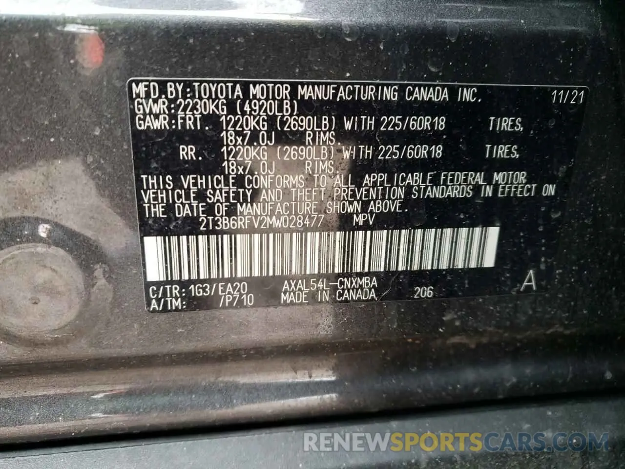 10 fotografías del automóvil dañado 2T3B6RFV2MW028477 TOYOTA RAV4 2021