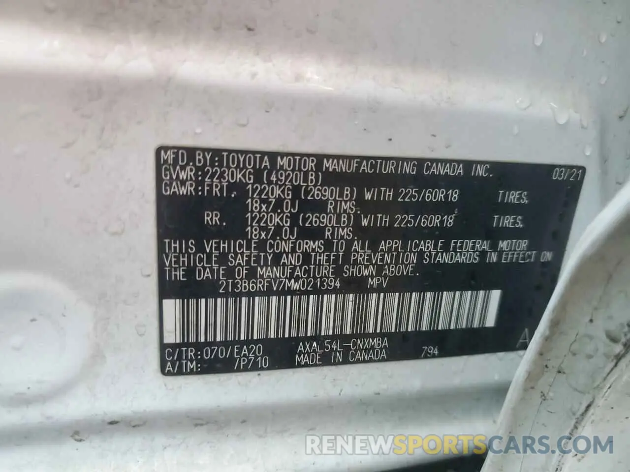 14 fotografías del automóvil dañado 2T3B6RFV7MW021394 TOYOTA RAV4 2021
