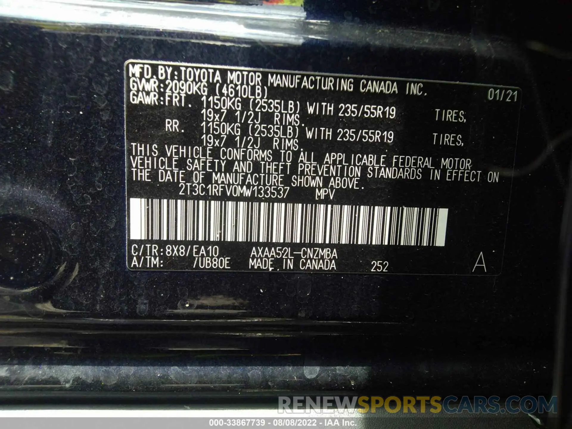 9 fotografías del automóvil dañado 2T3C1RFV0MW133537 TOYOTA RAV4 2021