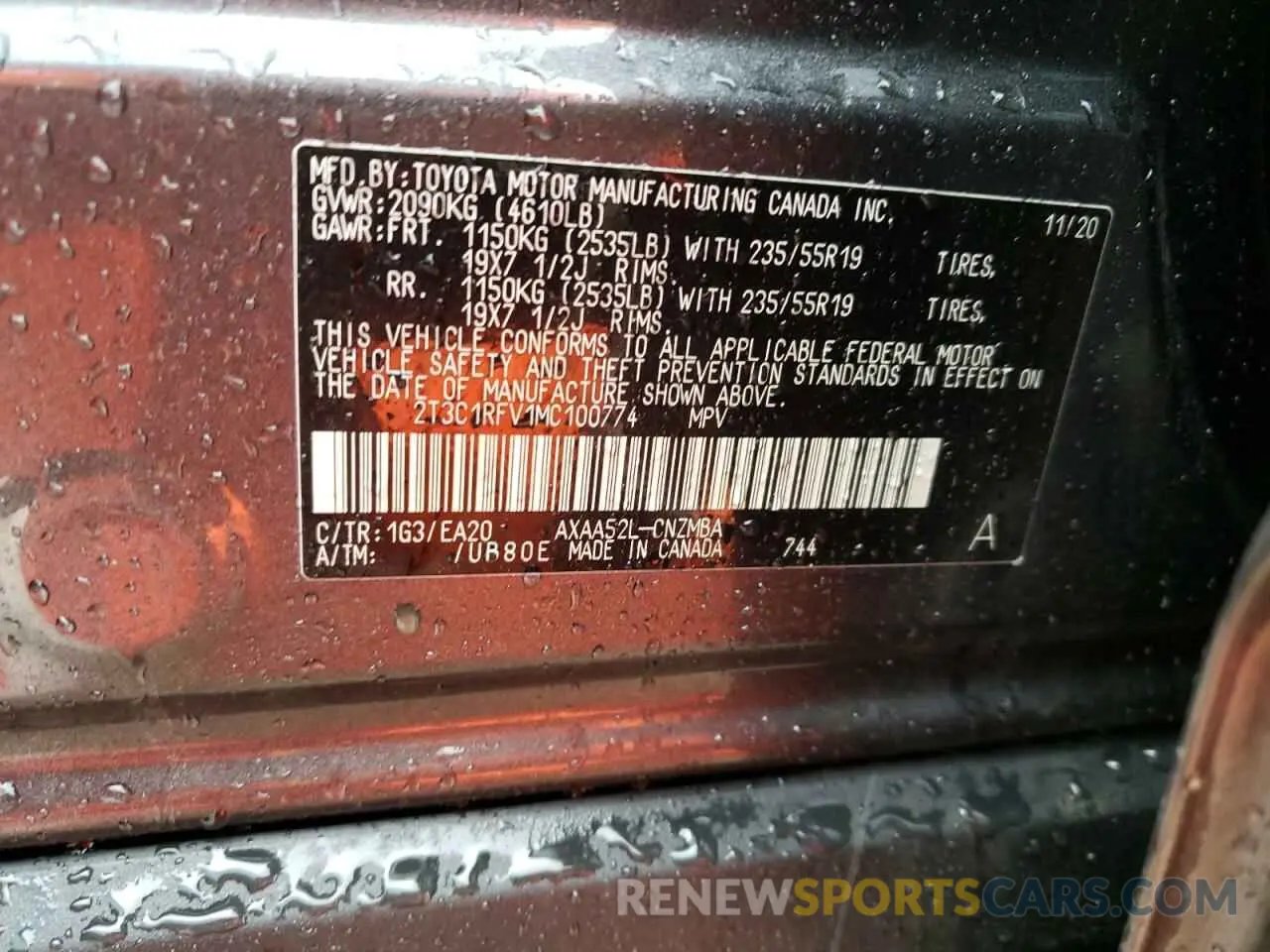 10 fotografías del automóvil dañado 2T3C1RFV1MC100774 TOYOTA RAV4 2021