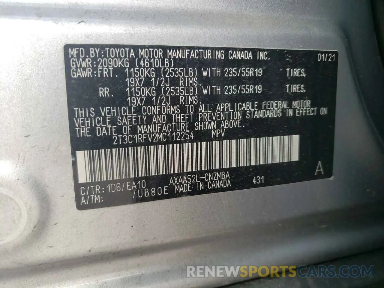 13 fotografías del automóvil dañado 2T3C1RFV2MC112254 TOYOTA RAV4 2021