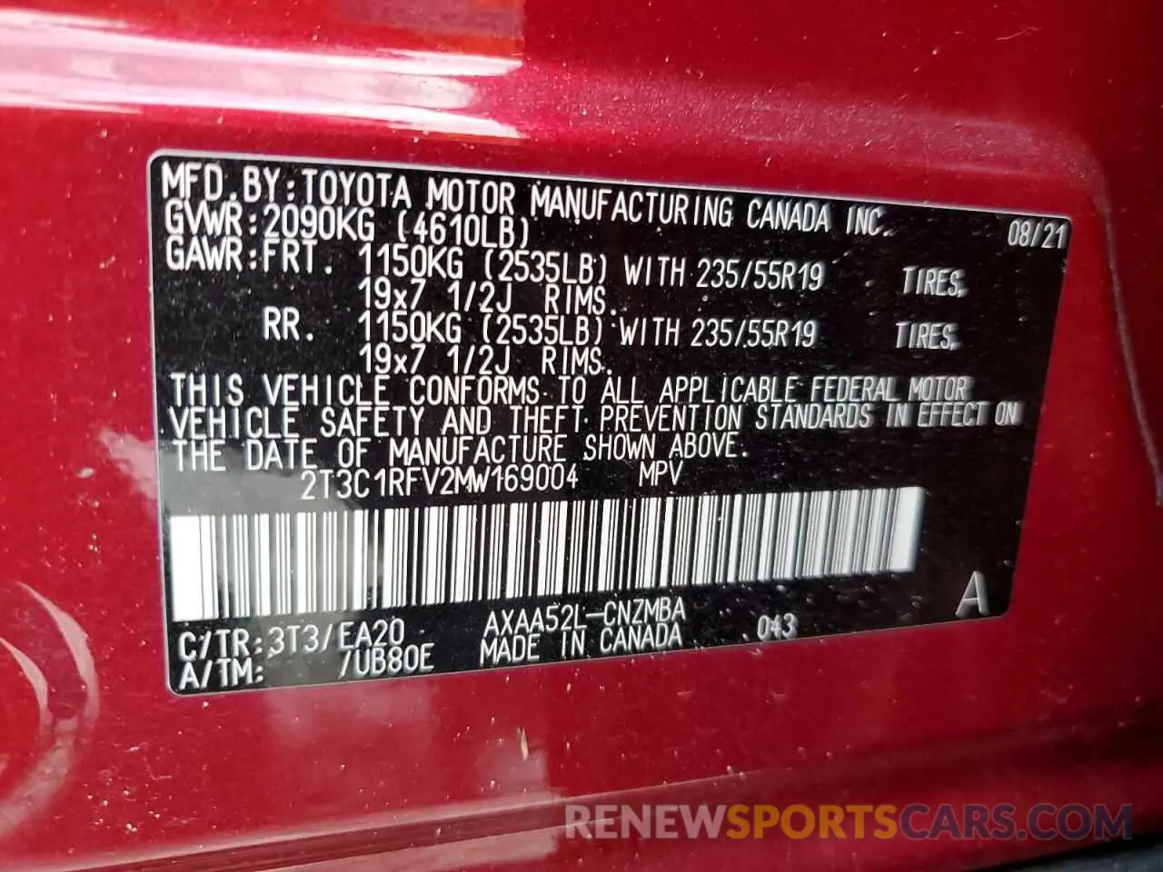 14 fotografías del automóvil dañado 2T3C1RFV2MW169004 TOYOTA RAV4 2021