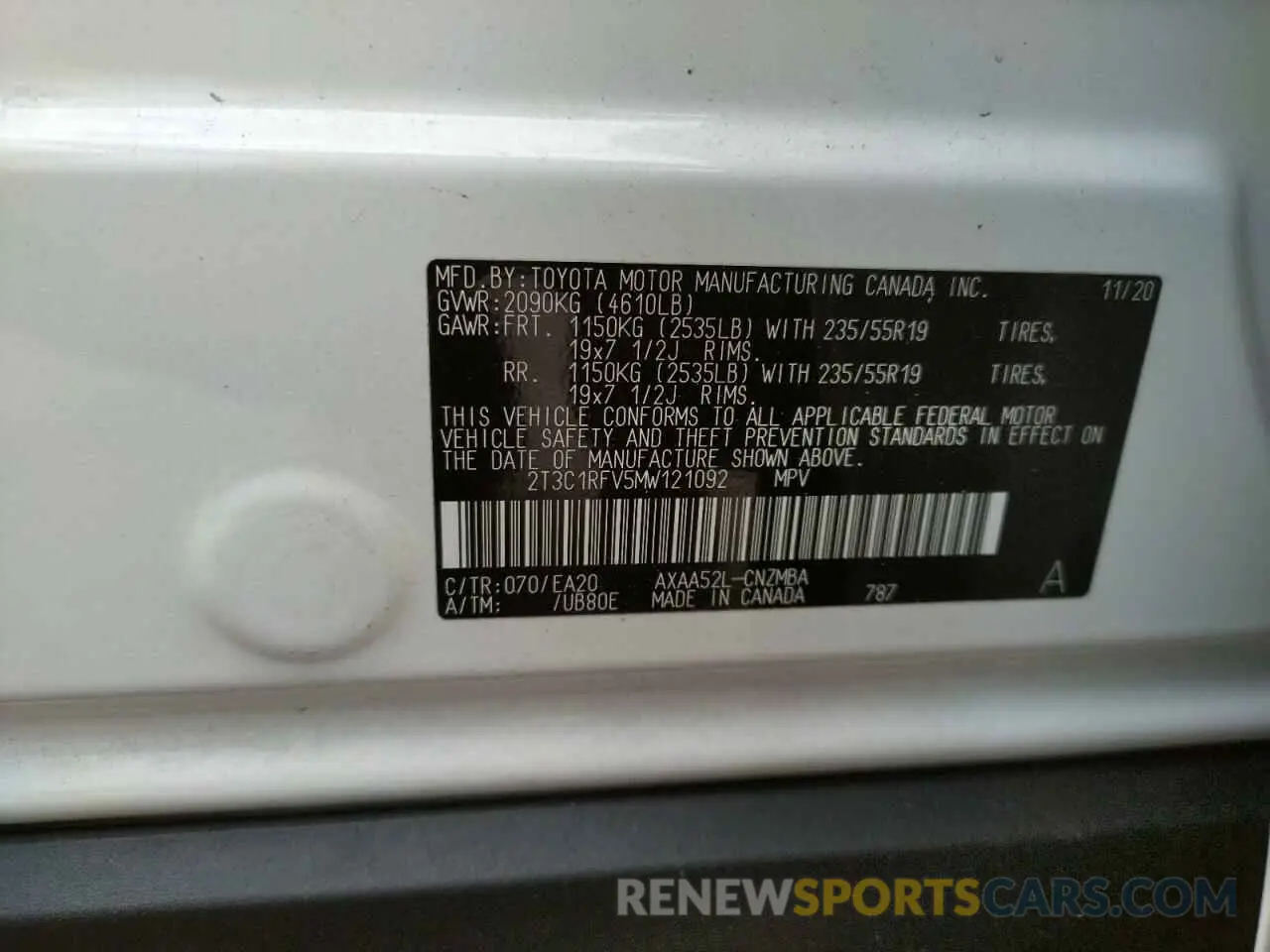 10 fotografías del automóvil dañado 2T3C1RFV5MW121092 TOYOTA RAV4 2021