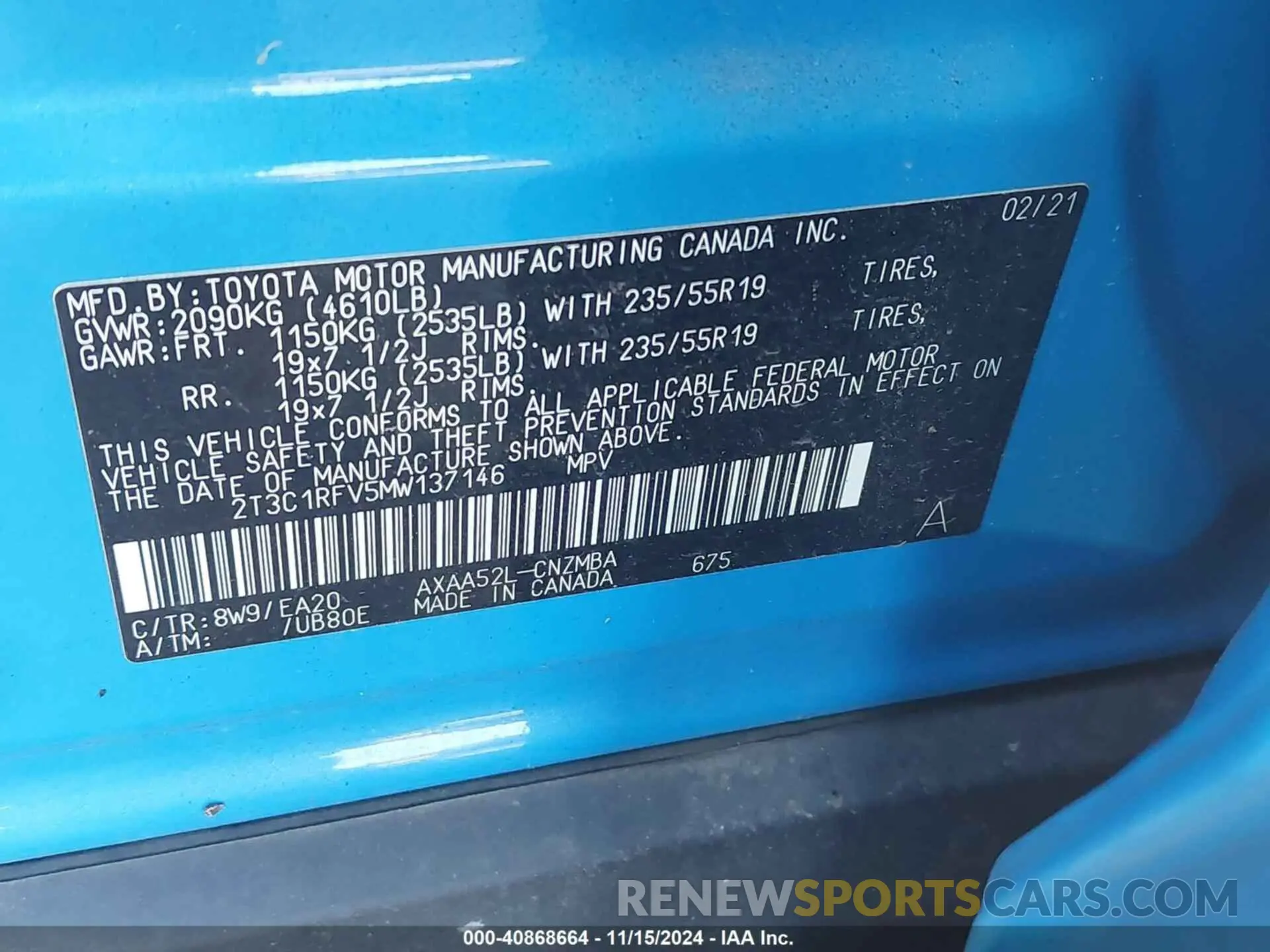 9 fotografías del automóvil dañado 2T3C1RFV5MW137146 TOYOTA RAV4 2021