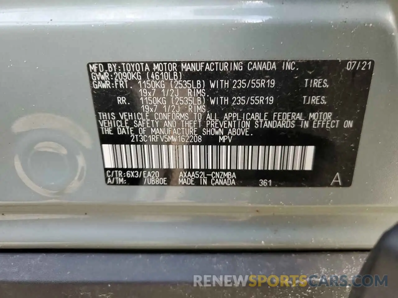 12 fotografías del automóvil dañado 2T3C1RFV5MW162208 TOYOTA RAV4 2021