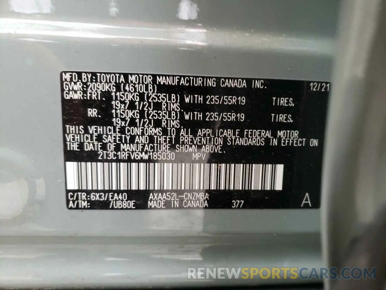 10 fotografías del automóvil dañado 2T3C1RFV6MW185030 TOYOTA RAV4 2021
