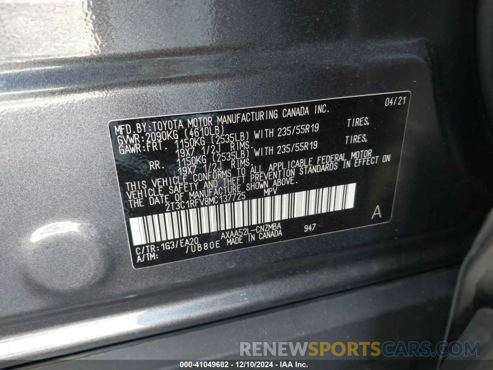 9 fotografías del automóvil dañado 2T3C1RFV8MC137725 TOYOTA RAV4 2021