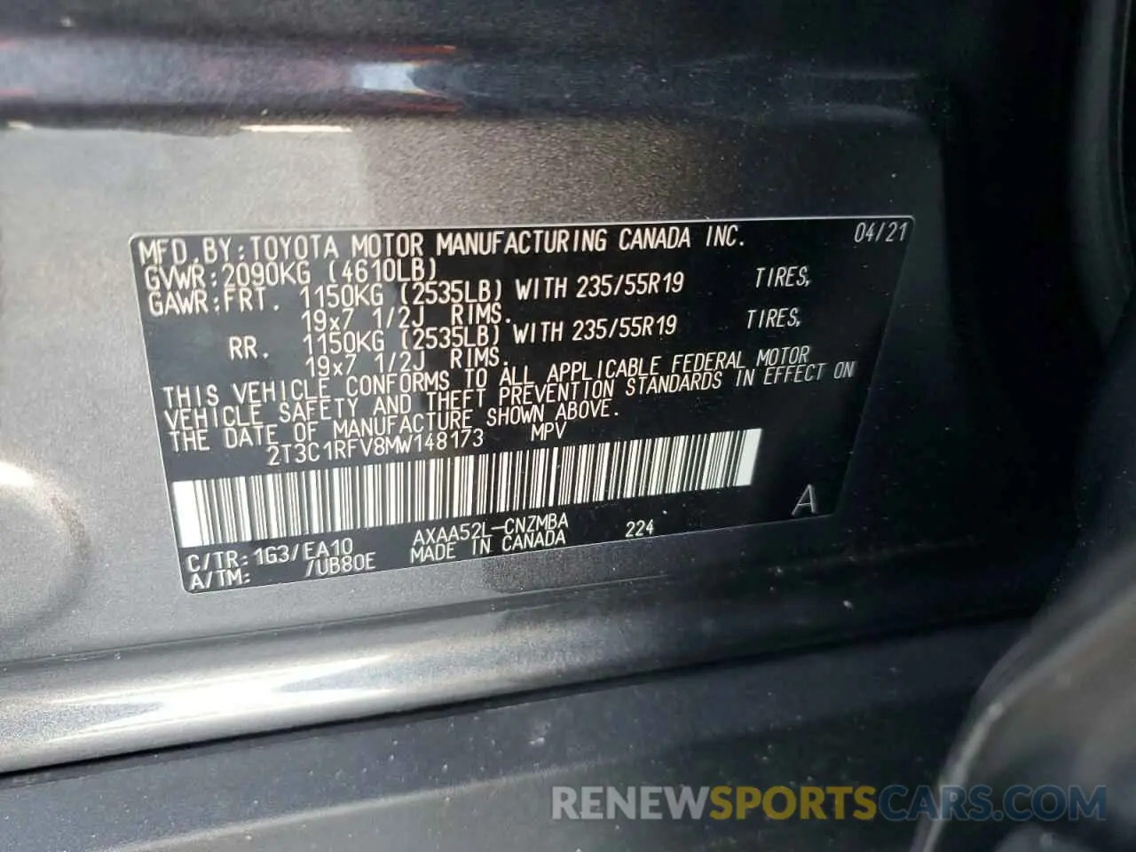 15 fotografías del automóvil dañado 2T3C1RFV8MW148173 TOYOTA RAV4 2021