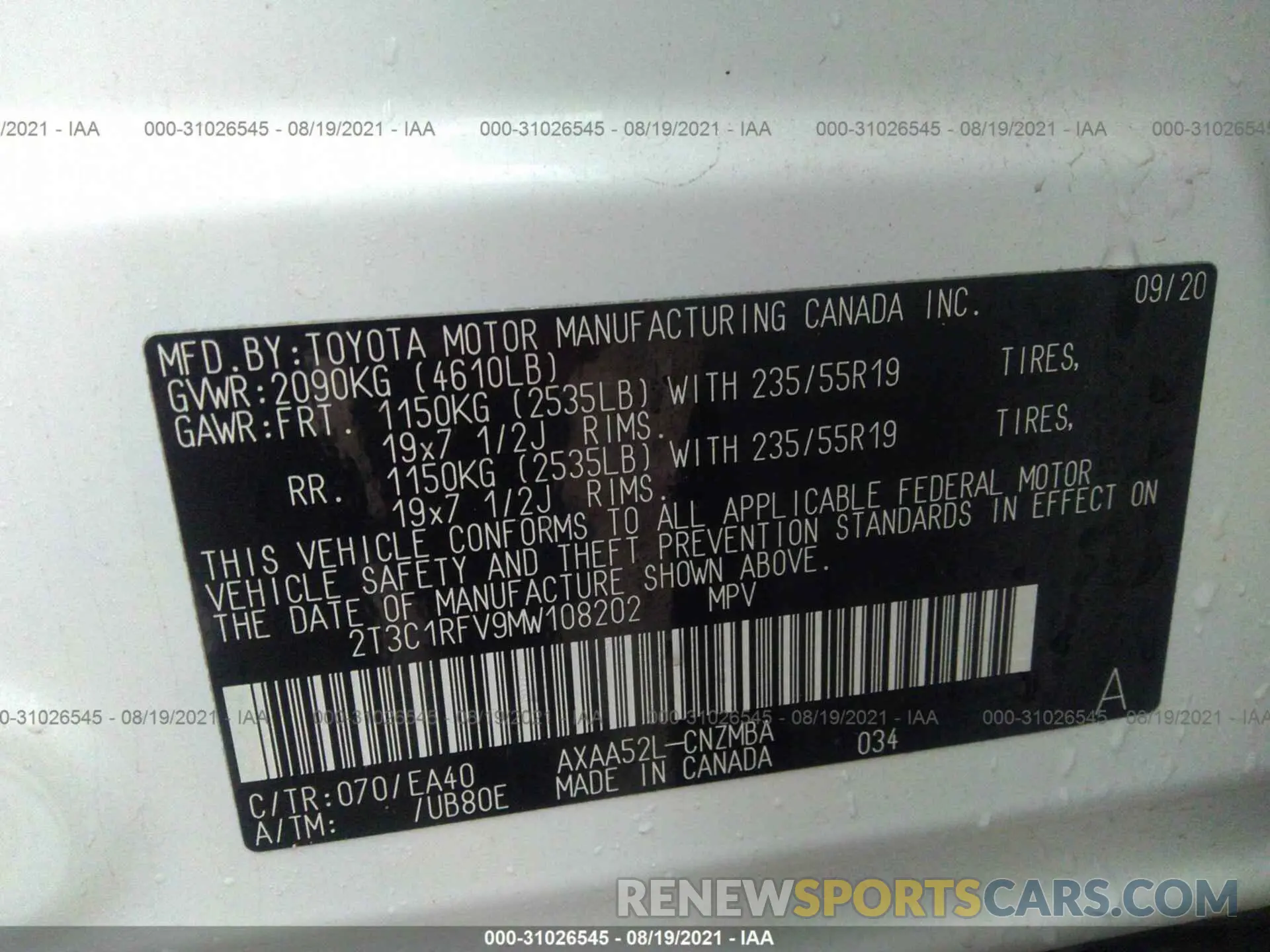 9 fotografías del automóvil dañado 2T3C1RFV9MW108202 TOYOTA RAV4 2021