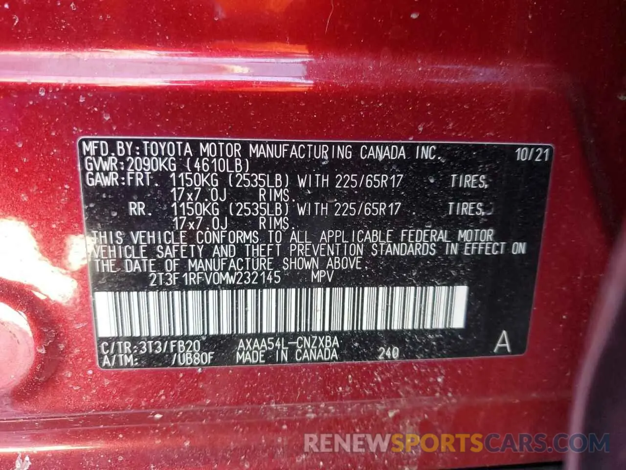 13 fotografías del automóvil dañado 2T3F1RFV0MW232145 TOYOTA RAV4 2021
