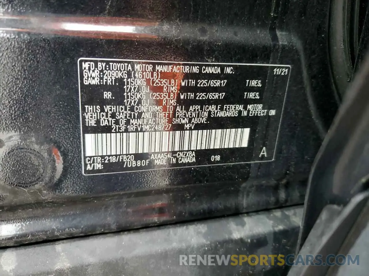 12 fotografías del automóvil dañado 2T3F1RFV1MC248727 TOYOTA RAV4 2021