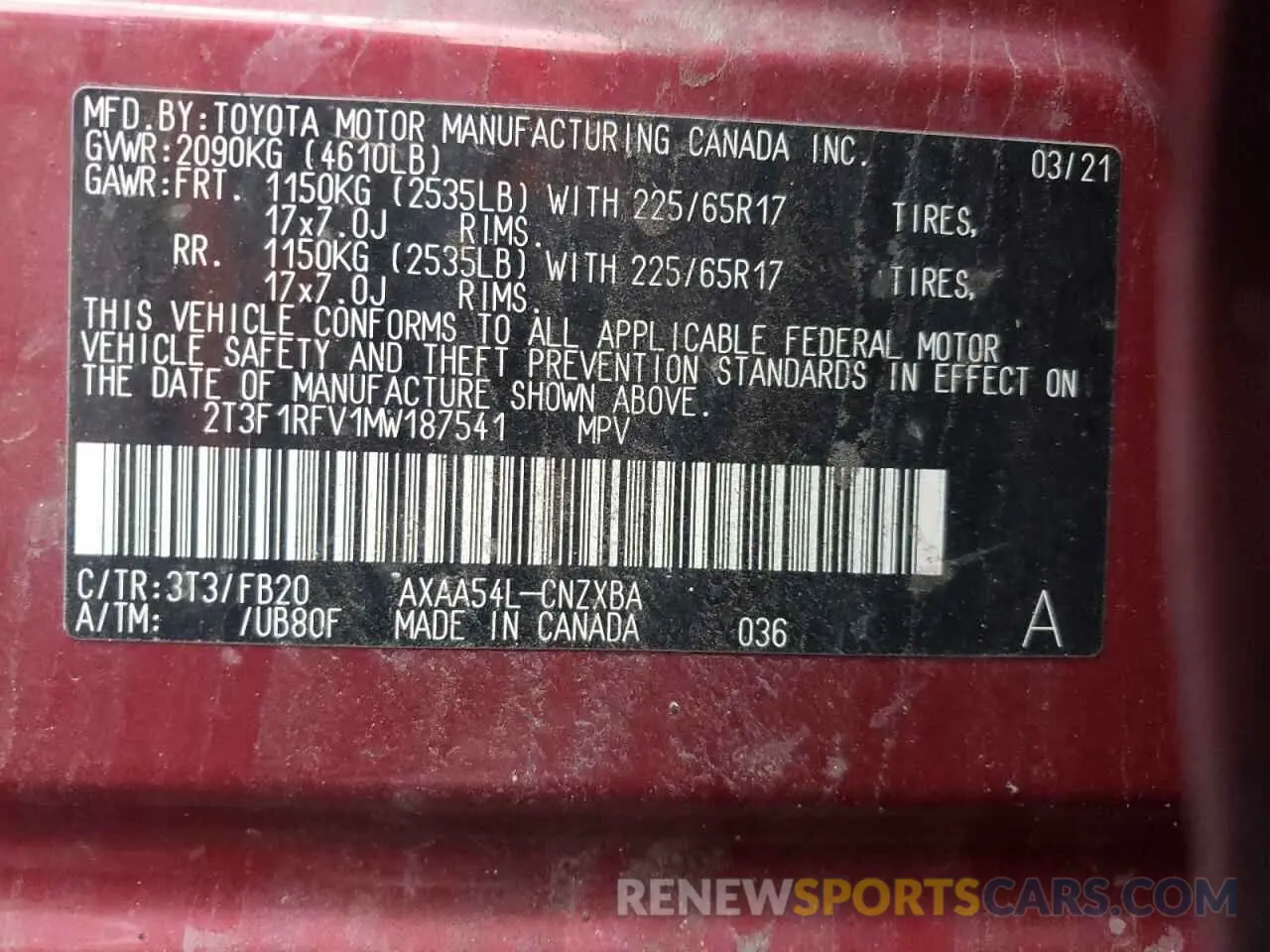 13 fotografías del automóvil dañado 2T3F1RFV1MW187541 TOYOTA RAV4 2021