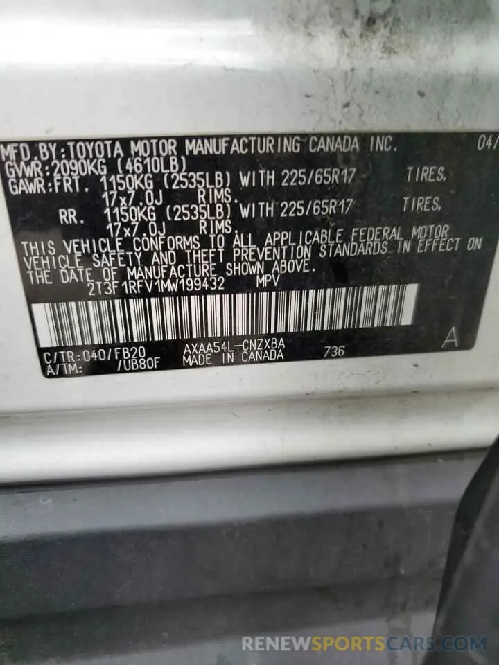 12 fotografías del automóvil dañado 2T3F1RFV1MW199432 TOYOTA RAV4 2021