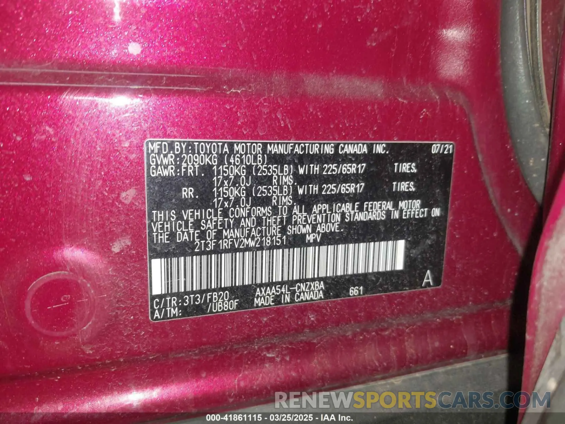 9 fotografías del automóvil dañado 2T3F1RFV2MW218151 TOYOTA RAV4 2021