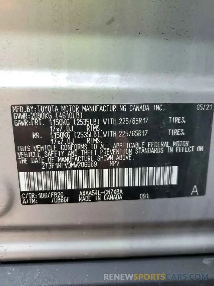 13 fotografías del automóvil dañado 2T3F1RFV3MW206669 TOYOTA RAV4 2021
