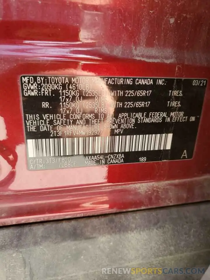 13 fotografías del automóvil dañado 2T3F1RFV4MW192927 TOYOTA RAV4 2021
