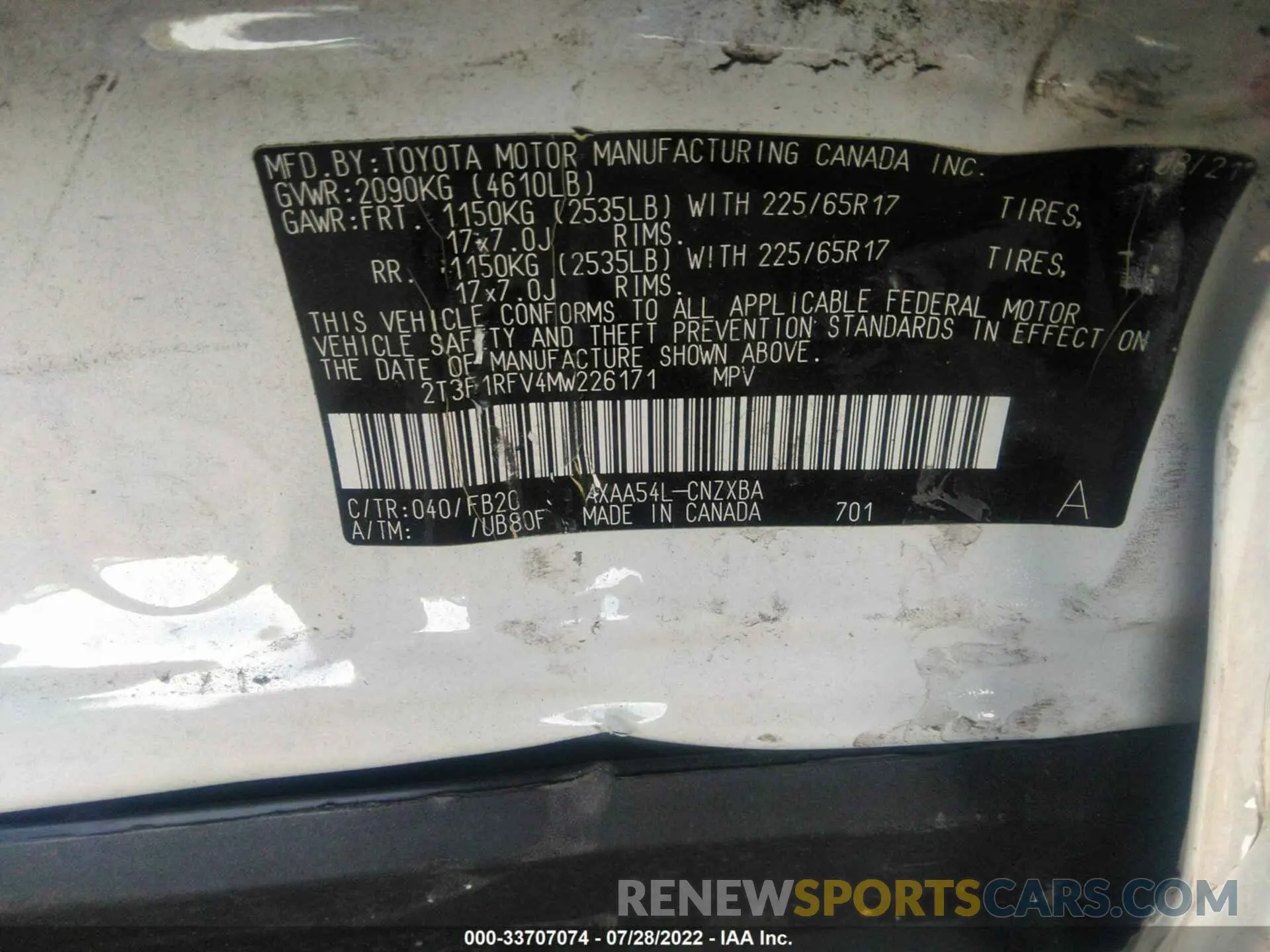 9 fotografías del automóvil dañado 2T3F1RFV4MW226171 TOYOTA RAV4 2021