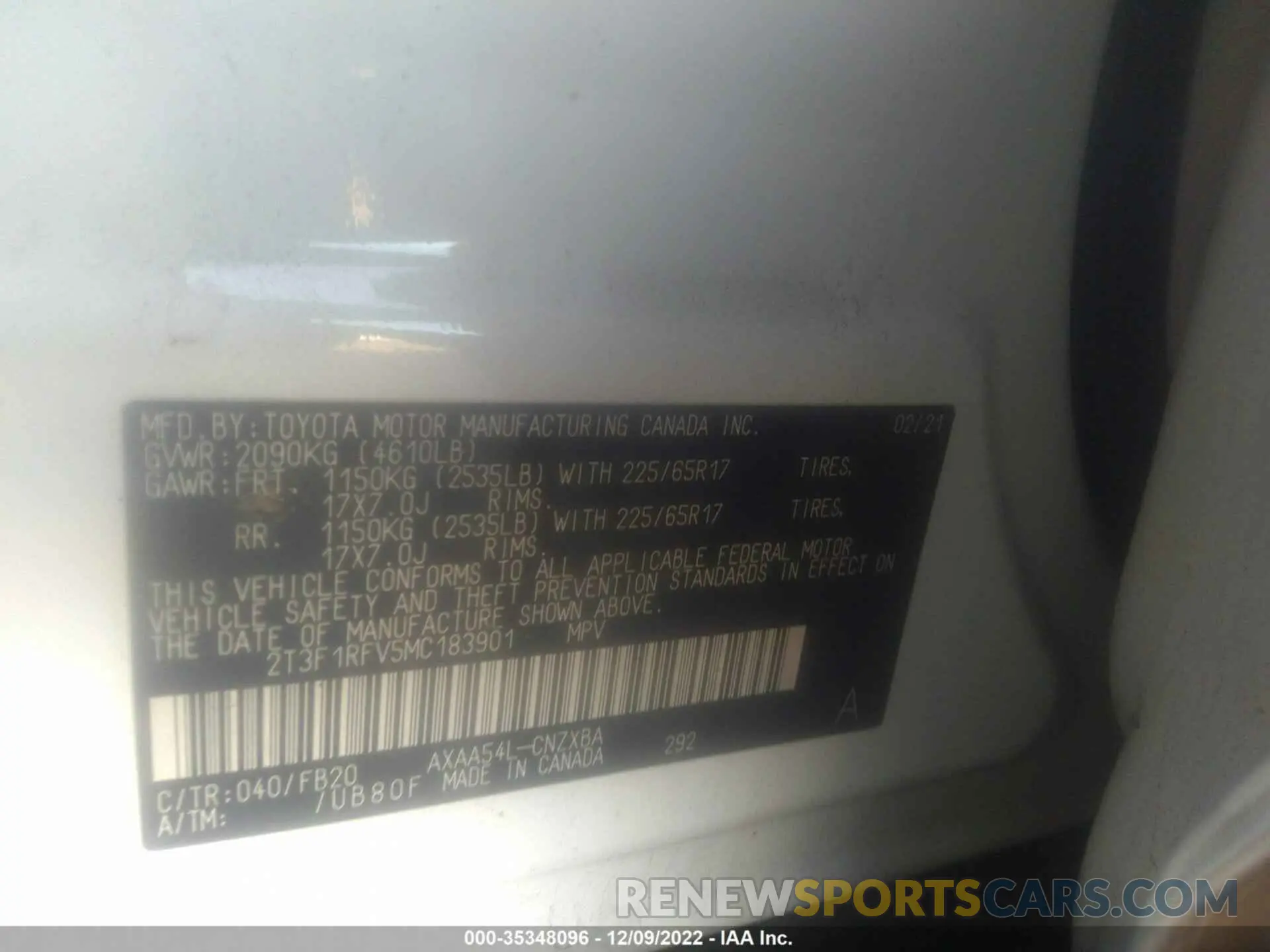 9 fotografías del automóvil dañado 2T3F1RFV5MC183901 TOYOTA RAV4 2021