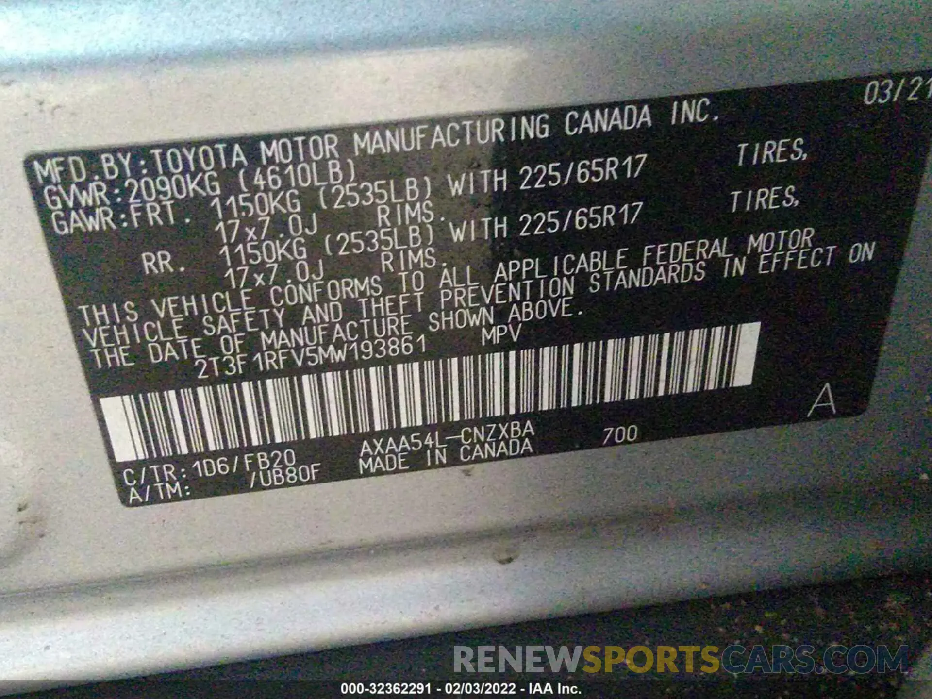 9 fotografías del automóvil dañado 2T3F1RFV5MW193861 TOYOTA RAV4 2021