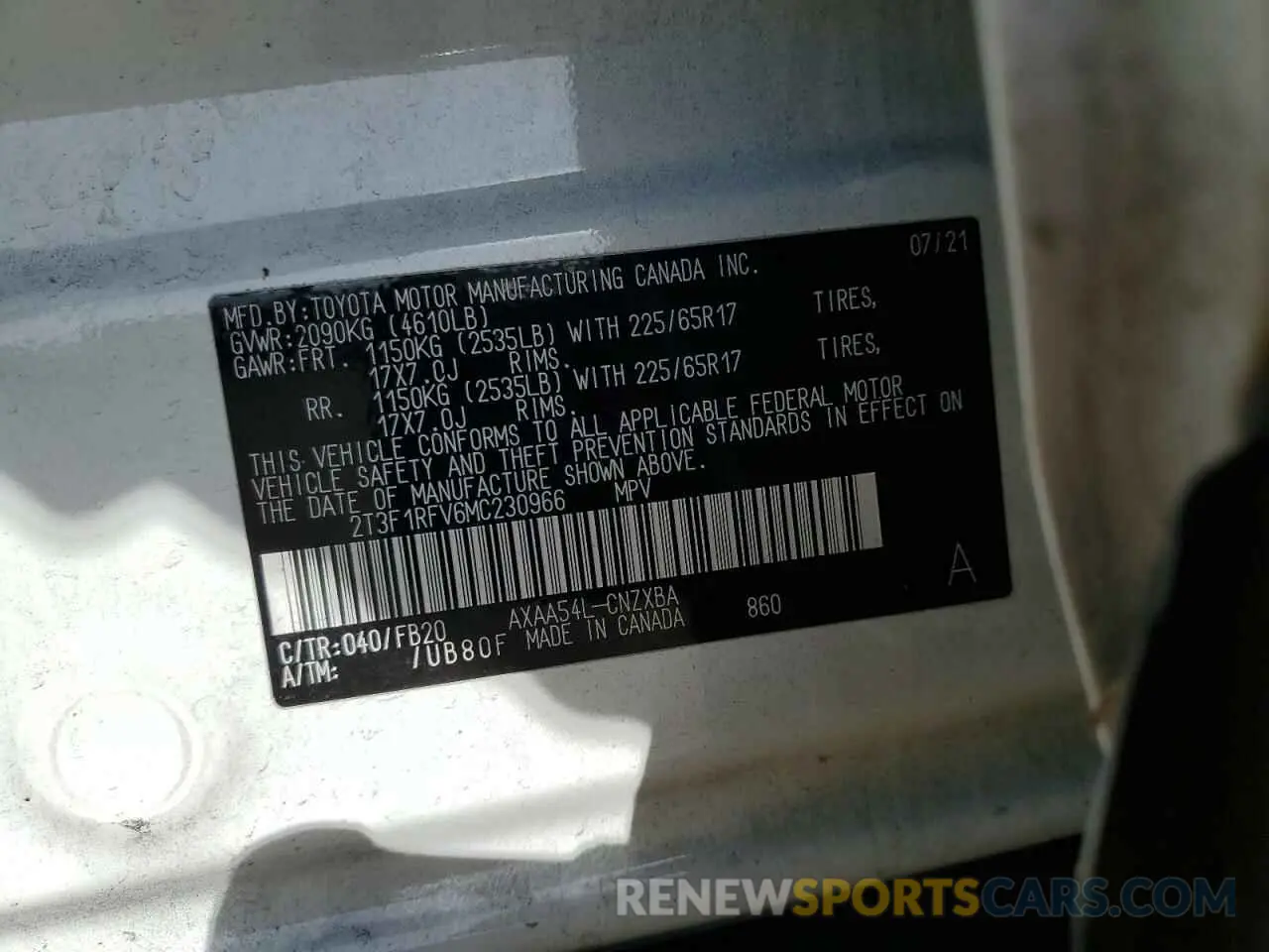 16 fotografías del automóvil dañado 2T3F1RFV6MC230966 TOYOTA RAV4 2021