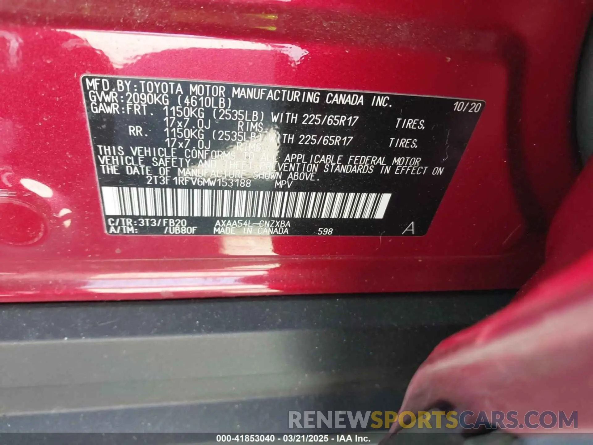 9 fotografías del automóvil dañado 2T3F1RFV6MW153188 TOYOTA RAV4 2021