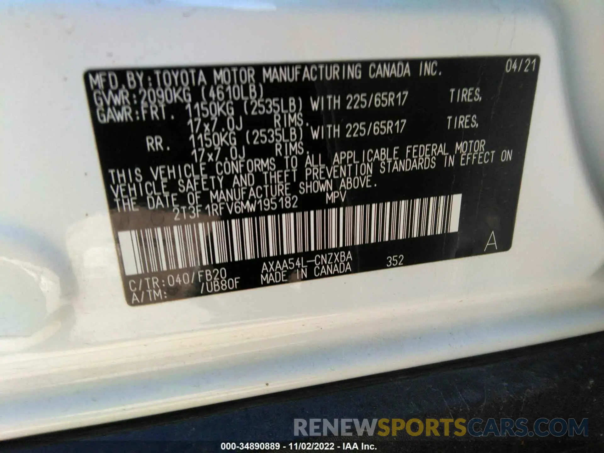 9 fotografías del automóvil dañado 2T3F1RFV6MW195182 TOYOTA RAV4 2021