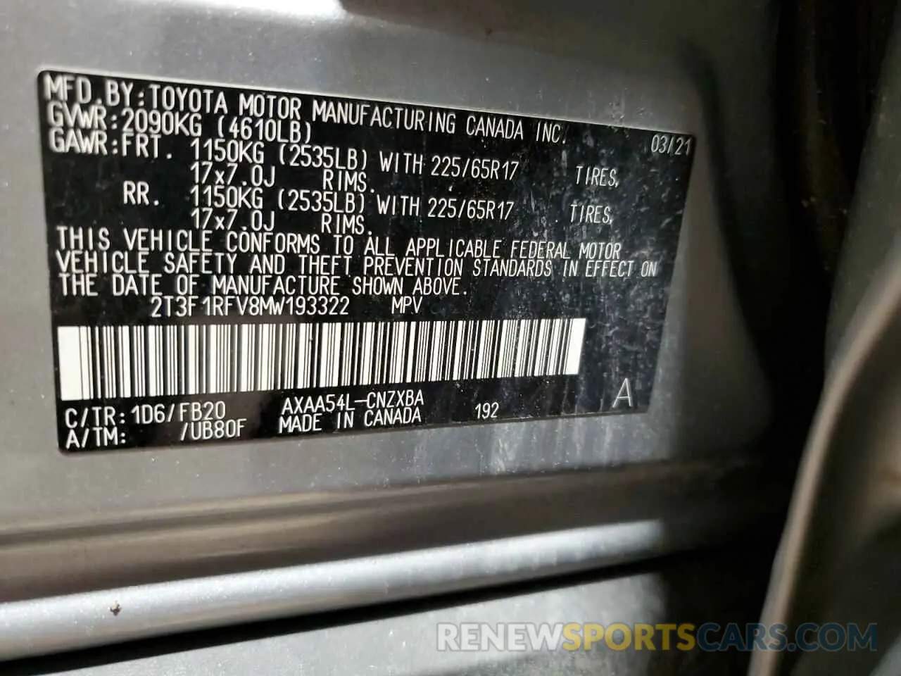 13 fotografías del automóvil dañado 2T3F1RFV8MW193322 TOYOTA RAV4 2021