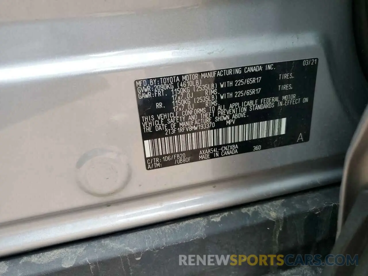15 fotografías del automóvil dañado 2T3F1RFV8MW193370 TOYOTA RAV4 2021
