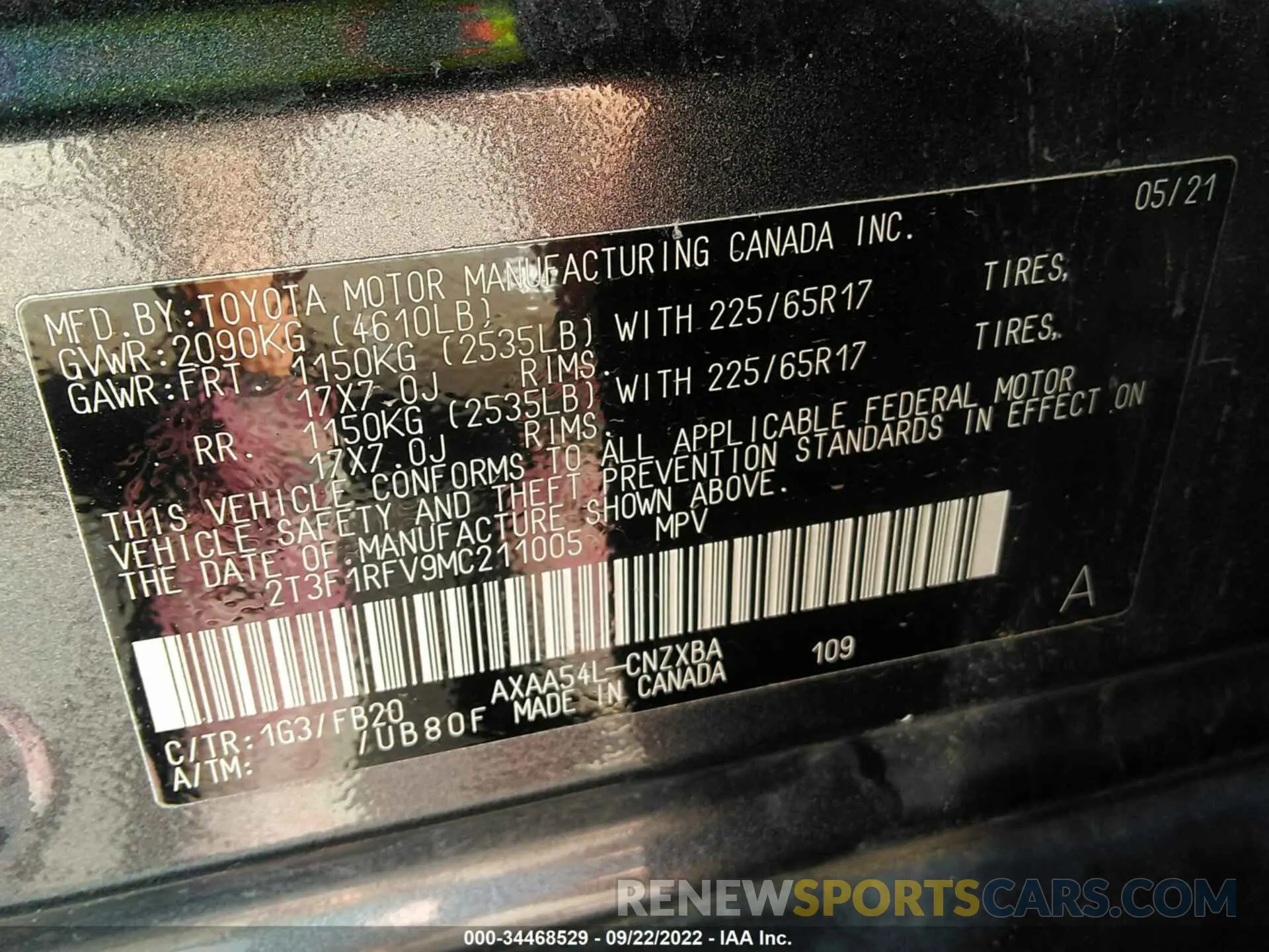 9 fotografías del automóvil dañado 2T3F1RFV9MC211005 TOYOTA RAV4 2021