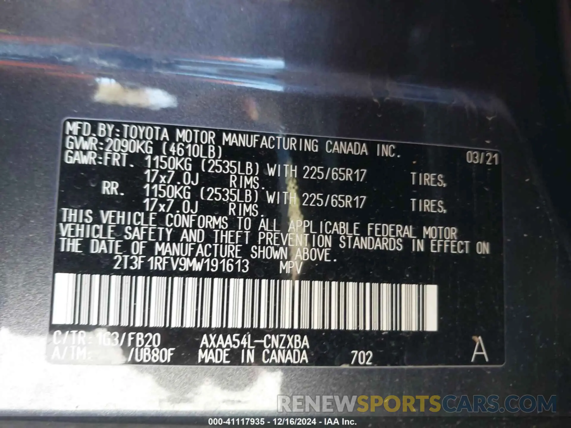 9 fotografías del automóvil dañado 2T3F1RFV9MW191613 TOYOTA RAV4 2021