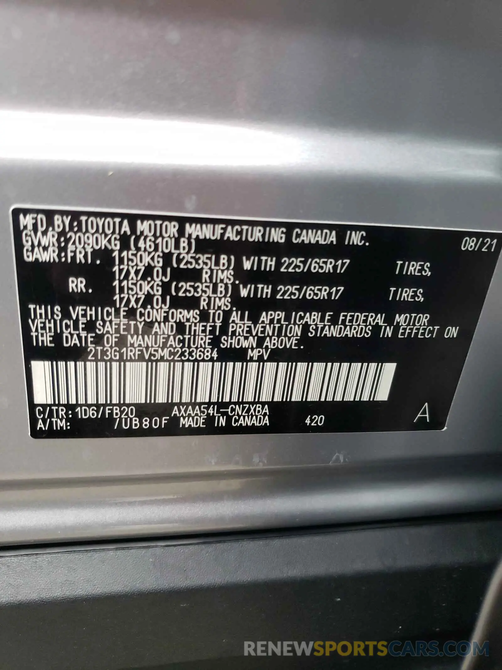 10 fotografías del automóvil dañado 2T3G1RFV5MC233684 TOYOTA RAV4 2021