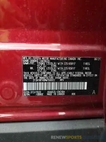 13 fotografías del automóvil dañado 2T3H1RFV0MW156922 TOYOTA RAV4 2021