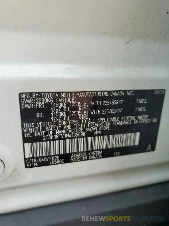 13 fotografías del automóvil dañado 2T3H1RFV1MW135688 TOYOTA RAV4 2021