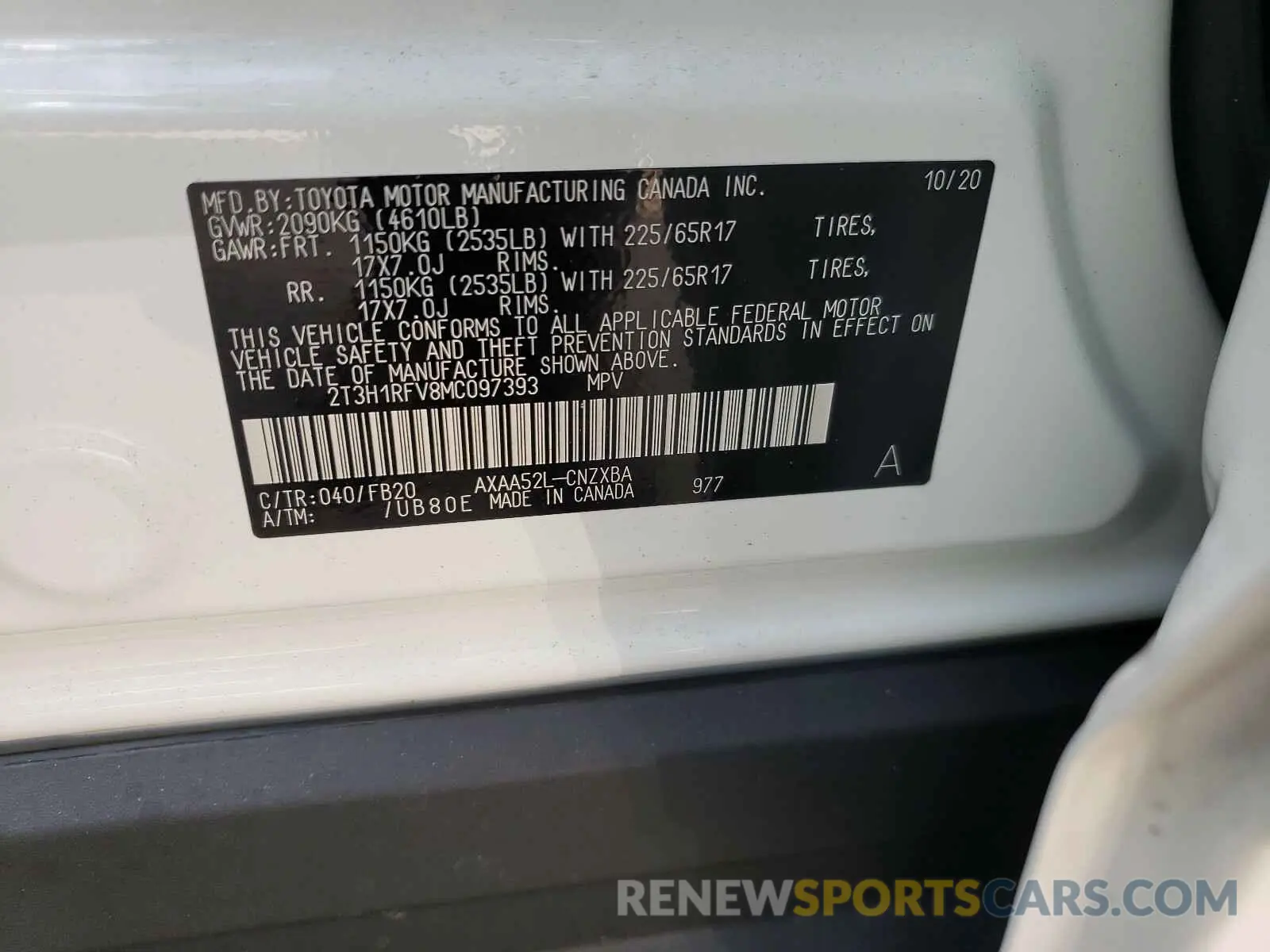 10 fotografías del automóvil dañado 2T3H1RFV8MC097393 TOYOTA RAV4 2021