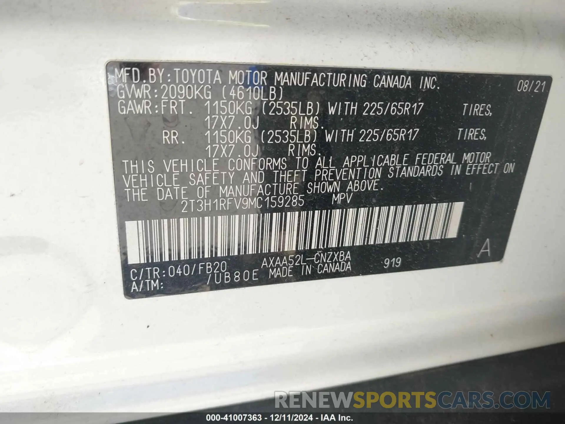 9 fotografías del automóvil dañado 2T3H1RFV9MC159285 TOYOTA RAV4 2021