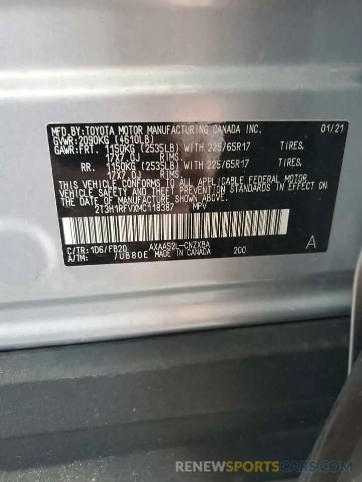 13 fotografías del automóvil dañado 2T3H1RFVXMC118387 TOYOTA RAV4 2021