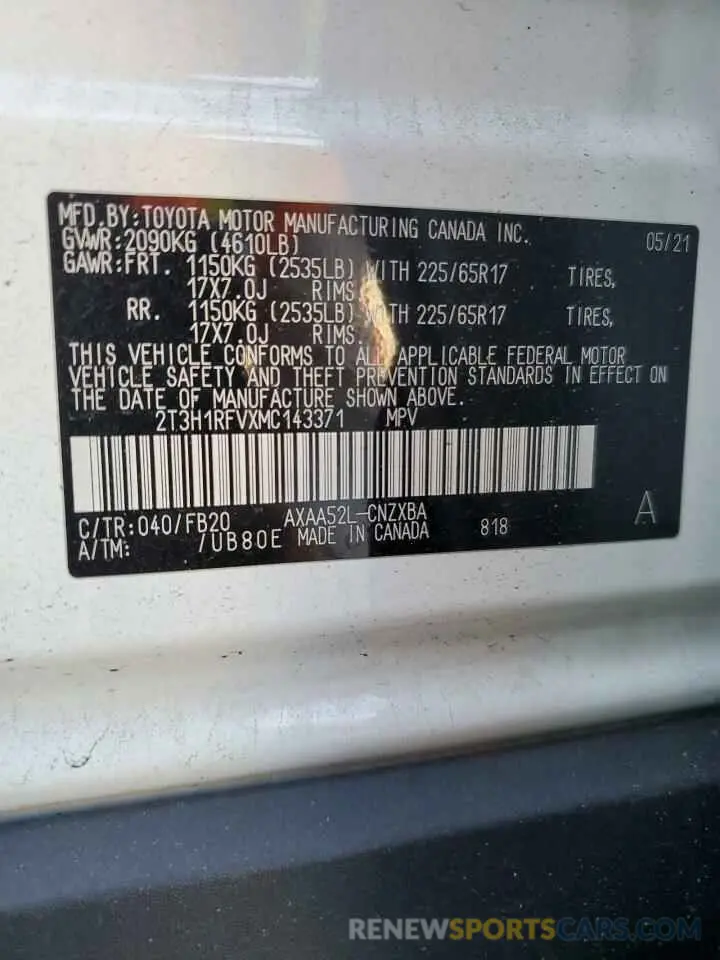 13 fotografías del automóvil dañado 2T3H1RFVXMC143371 TOYOTA RAV4 2021
