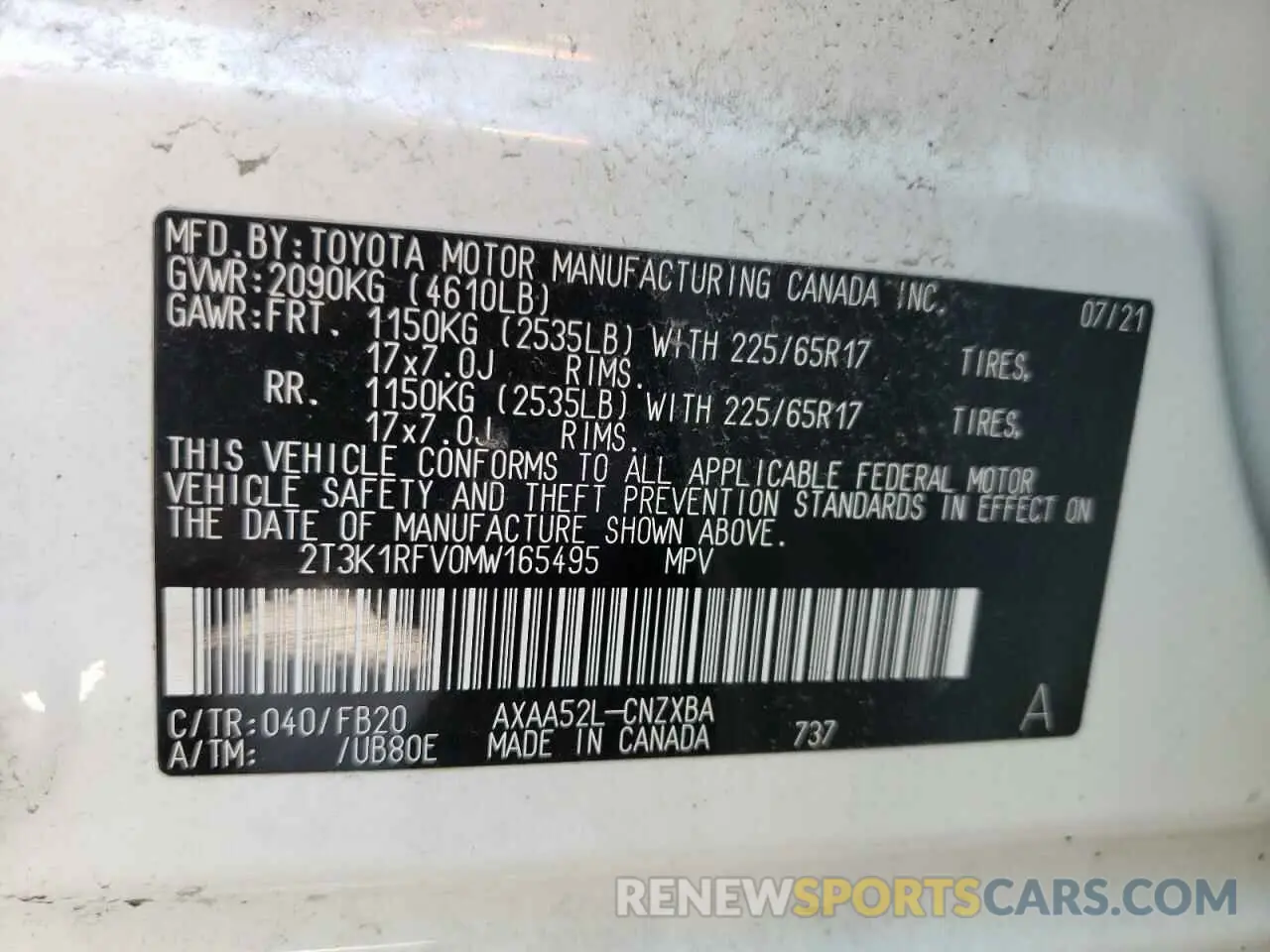 10 fotografías del automóvil dañado 2T3K1RFV0MW165495 TOYOTA RAV4 2021
