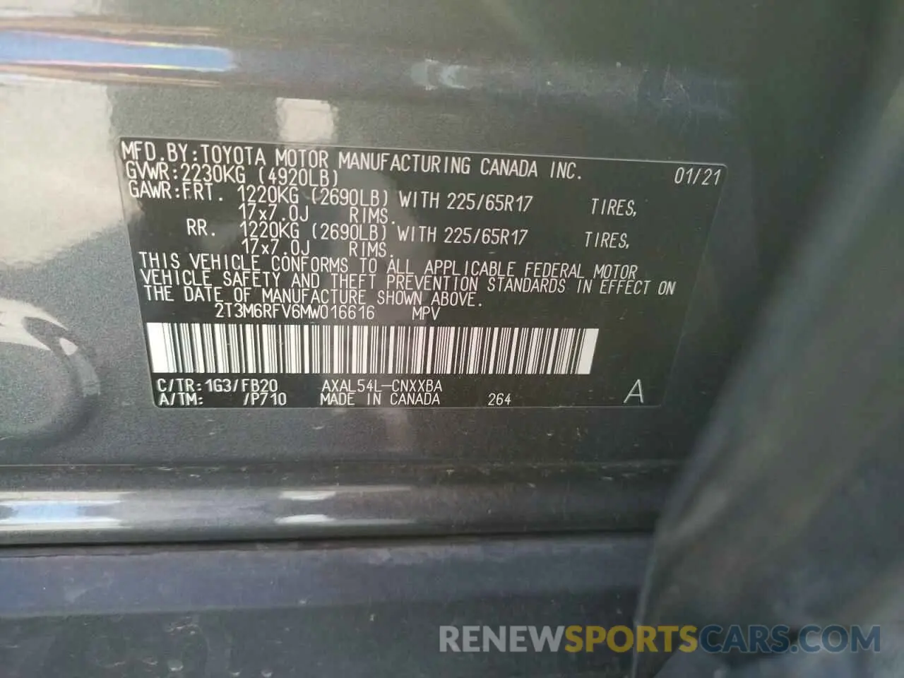 10 fotografías del automóvil dañado 2T3M6RFV6MW016616 TOYOTA RAV4 2021