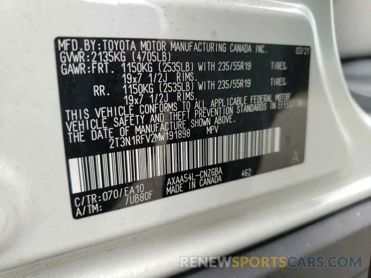 10 fotografías del automóvil dañado 2T3N1RFV2MW191898 TOYOTA RAV4 2021