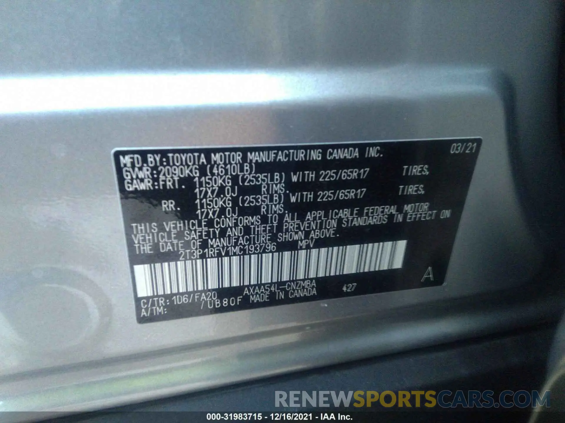 9 fotografías del automóvil dañado 2T3P1RFV1MC193796 TOYOTA RAV4 2021