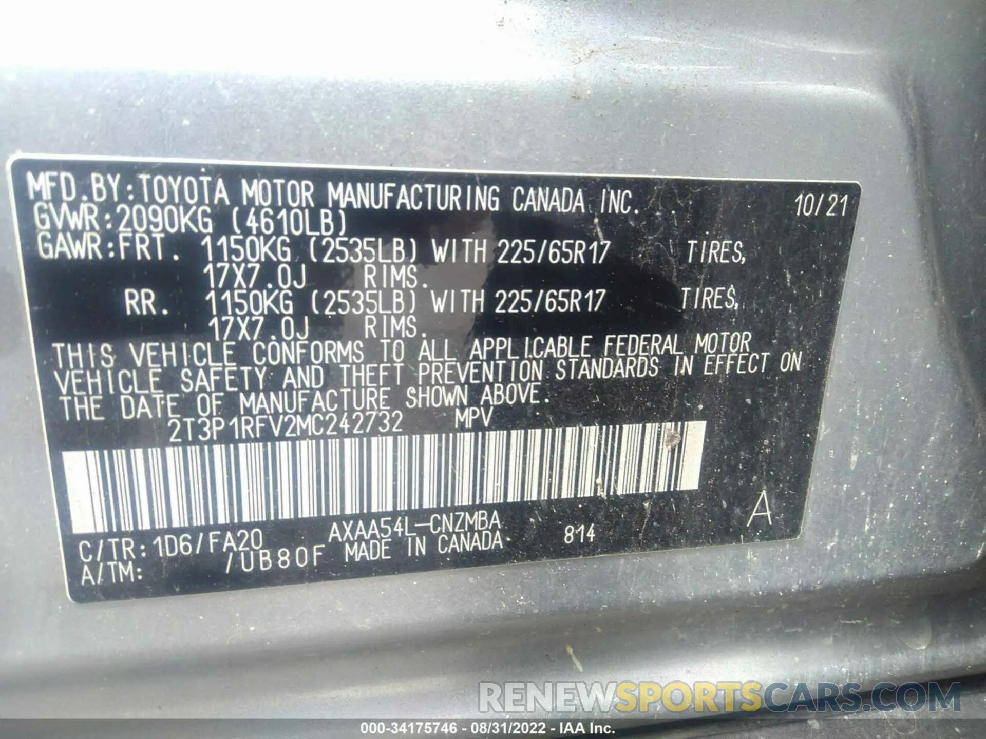 9 fotografías del automóvil dañado 2T3P1RFV2MC242732 TOYOTA RAV4 2021