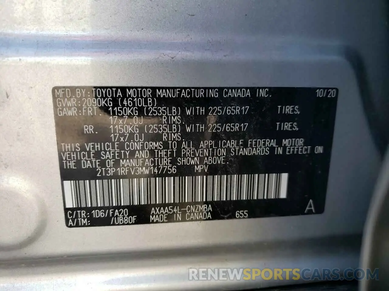 10 fotografías del automóvil dañado 2T3P1RFV3MW147756 TOYOTA RAV4 2021