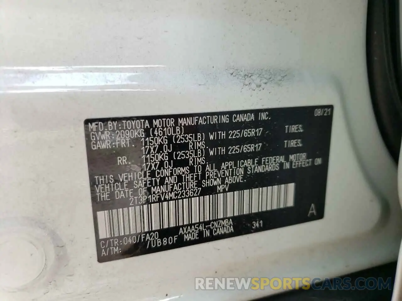 10 fotografías del automóvil dañado 2T3P1RFV4MC233627 TOYOTA RAV4 2021
