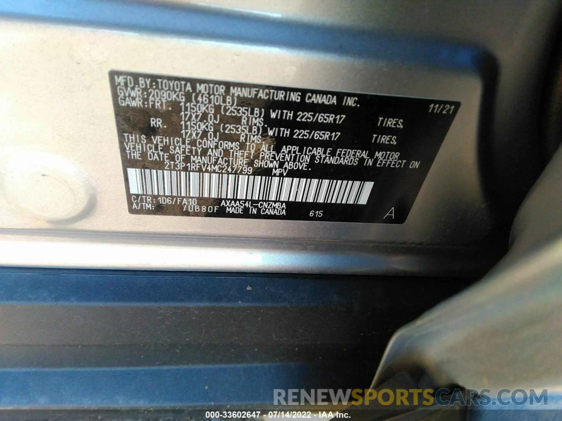 9 fotografías del automóvil dañado 2T3P1RFV4MC247799 TOYOTA RAV4 2021