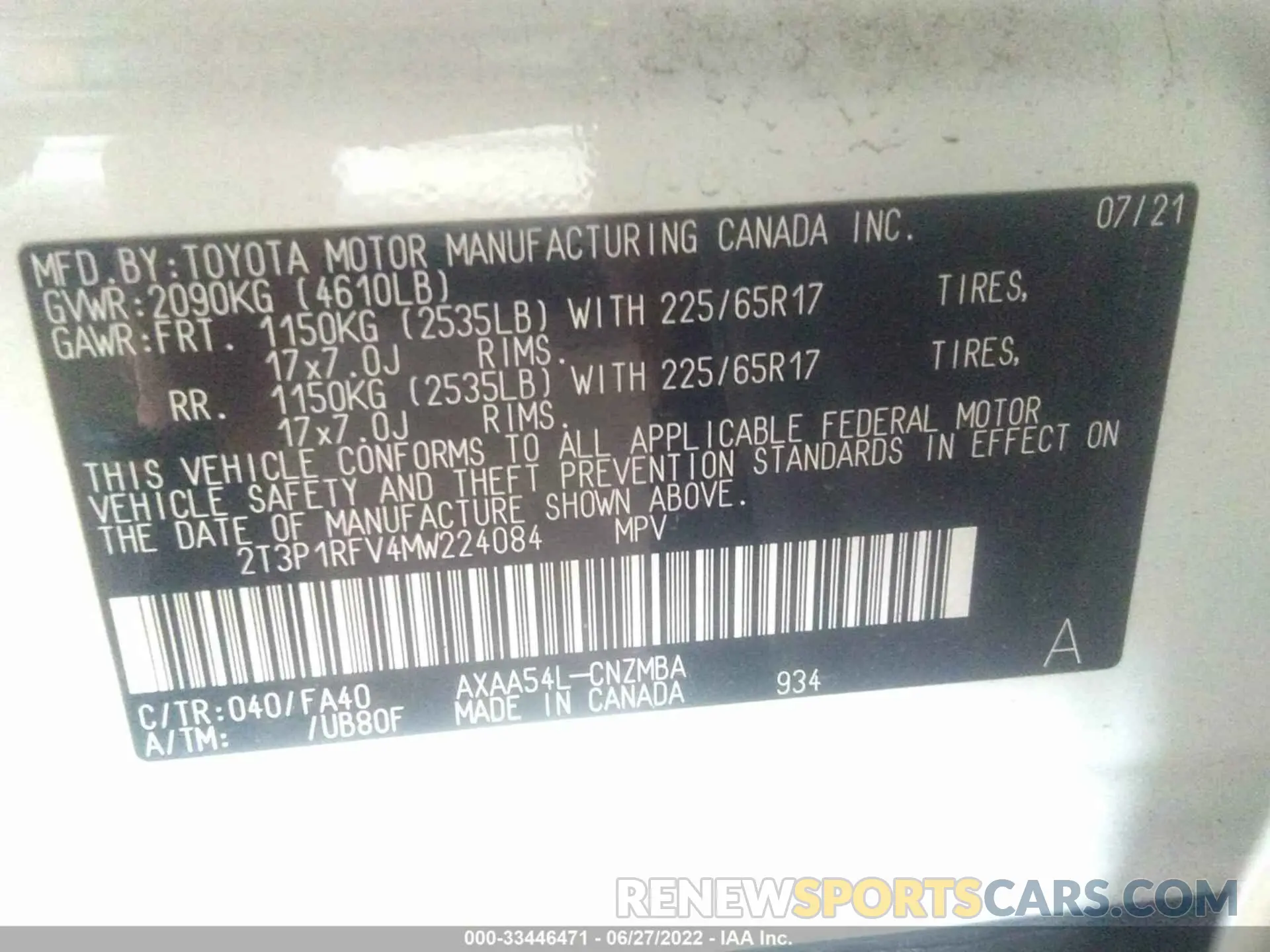 9 fotografías del automóvil dañado 2T3P1RFV4MW224084 TOYOTA RAV4 2021