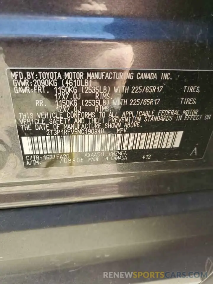 14 fotografías del automóvil dañado 2T3P1RFV5MC190948 TOYOTA RAV4 2021