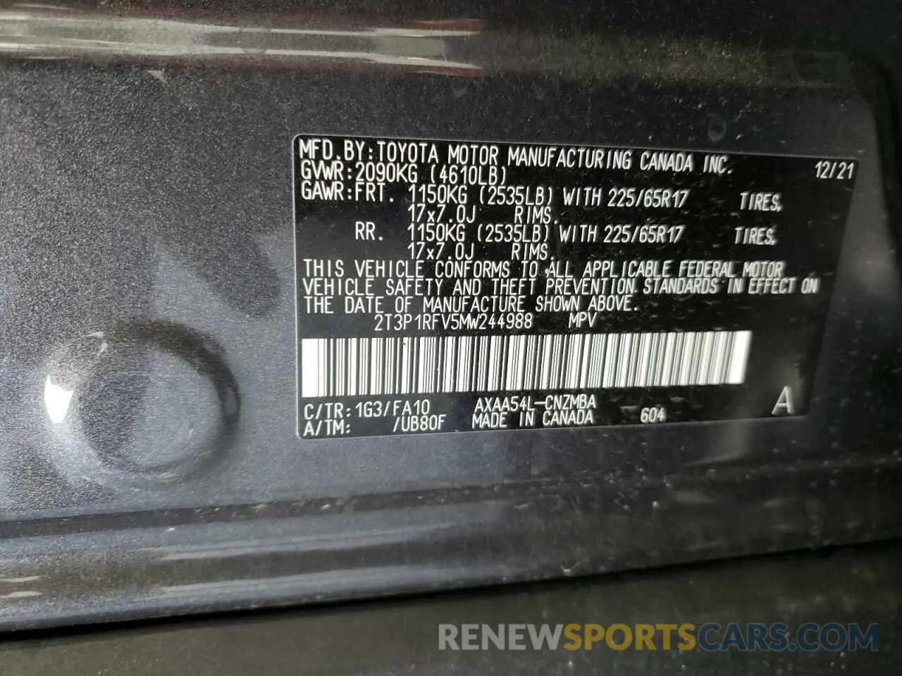 10 fotografías del automóvil dañado 2T3P1RFV5MW244988 TOYOTA RAV4 2021