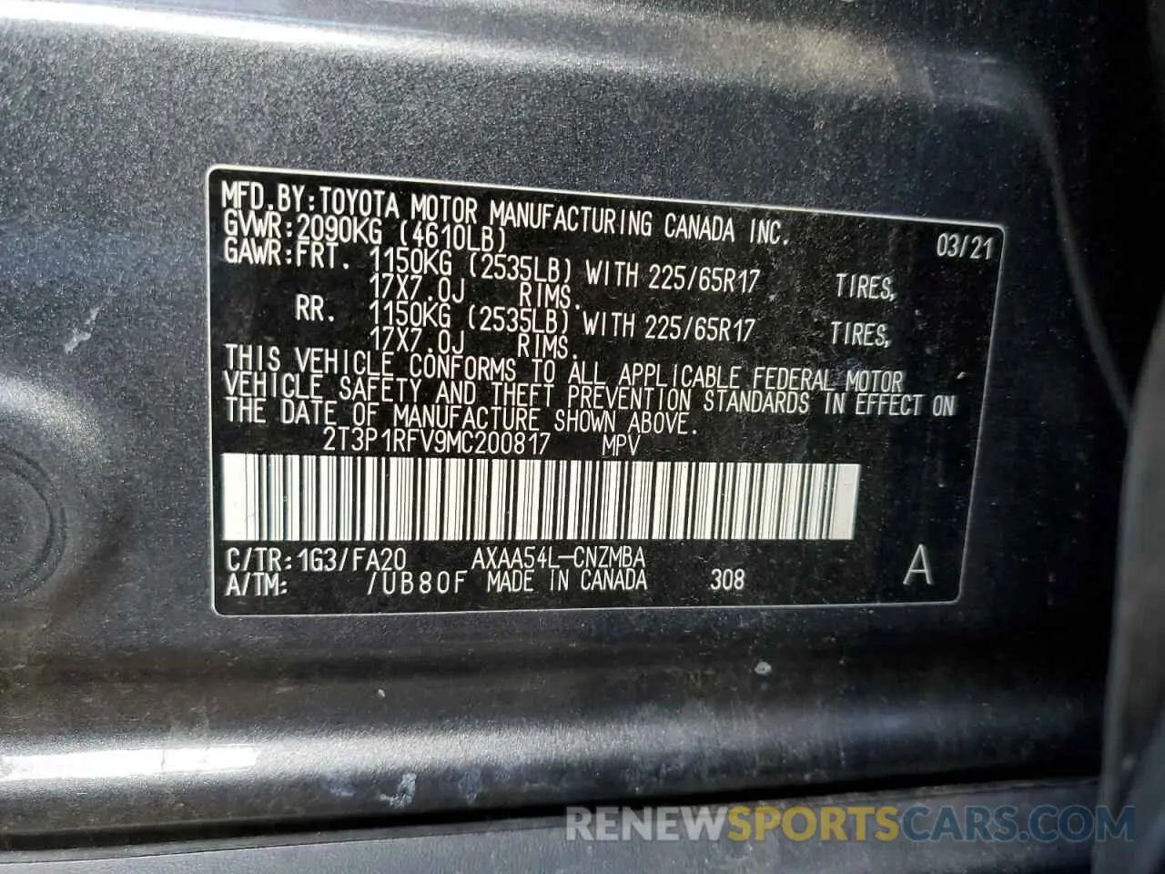 10 fotografías del automóvil dañado 2T3P1RFV9MC200817 TOYOTA RAV4 2021