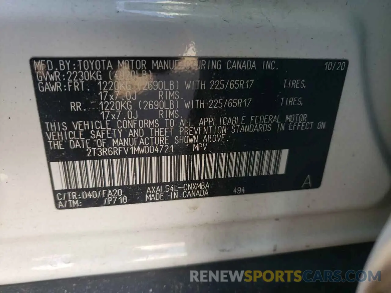 10 fotografías del automóvil dañado 2T3R6RFV1MW004721 TOYOTA RAV4 2021